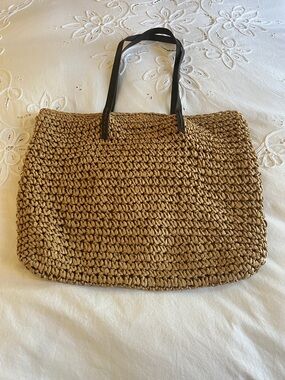 Woven Straw Tote Bag with Black Handles - Natural Tan